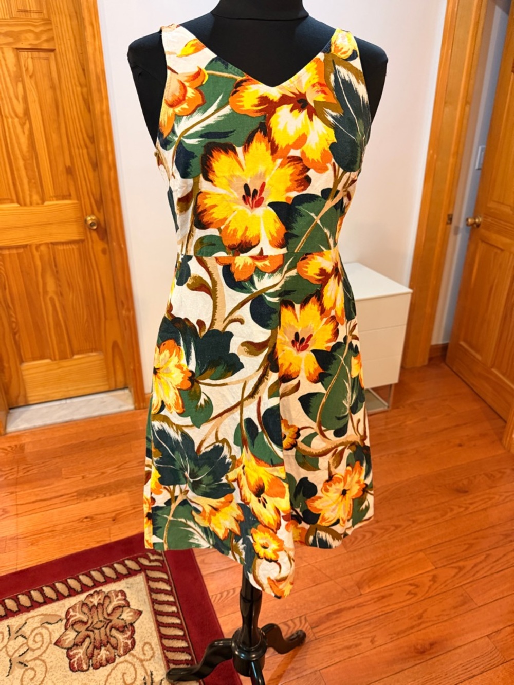 Ann Taylor Factory Yellow Floral Midi Dress with Green Leaves